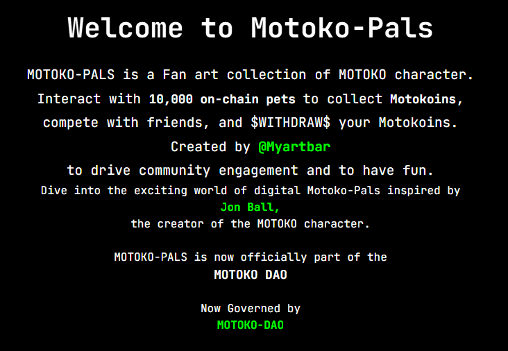 Stollyyyyyy's tweet photo. For people who want to learn more about the Motoko-Pals nft collection. 
The ''learn more'' section is now fully updated, enjoy reading!

$ICP $BTC $ETH $SOL

@myartbar 

https://t.co/u6R3HX8tG5 https://t.co/j14ngxktFK