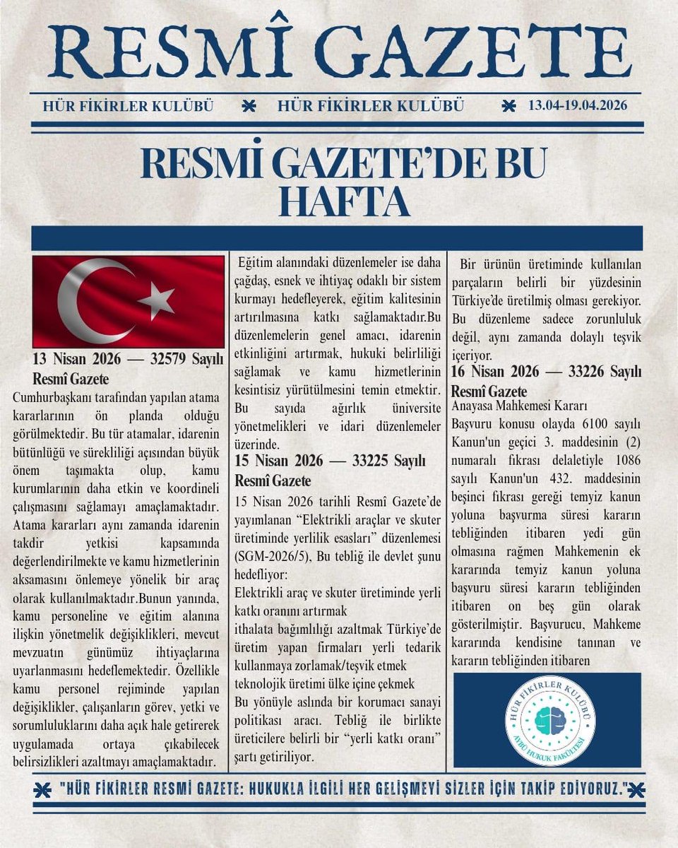 hurfikirybu's tweet photo. Bu hafta Resmi Gazete'de neler oldu? Hür Fikirler olarak biz inceledik, siz bilinçle takip edin. ✨️⚖️

#resmigazete #hukuk #kanun https://t.co/Ja6fPPJsPc