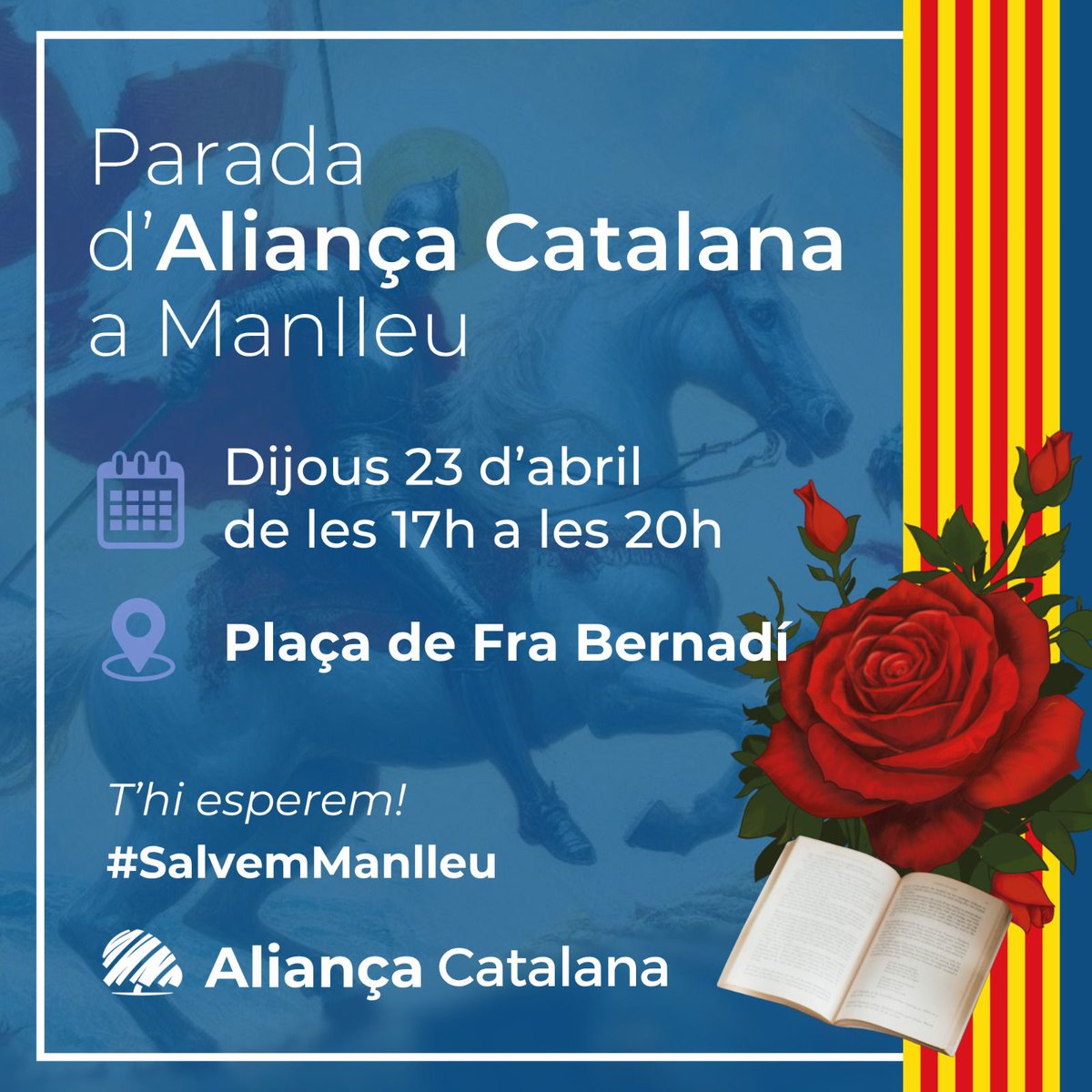 ManlleuAC's tweet photo. 🌹📖 Aquest Sant Jordi, Aliança Catalana farem parada a #Manlleu!

Ens trobareu a la plaça de Fra Bernadí de 17 h a 20 h per gaudir de la cultura, els llibres i les roses.

Us hi esperem!
#SalvemManlleu https://t.co/9jIqR6uyy3