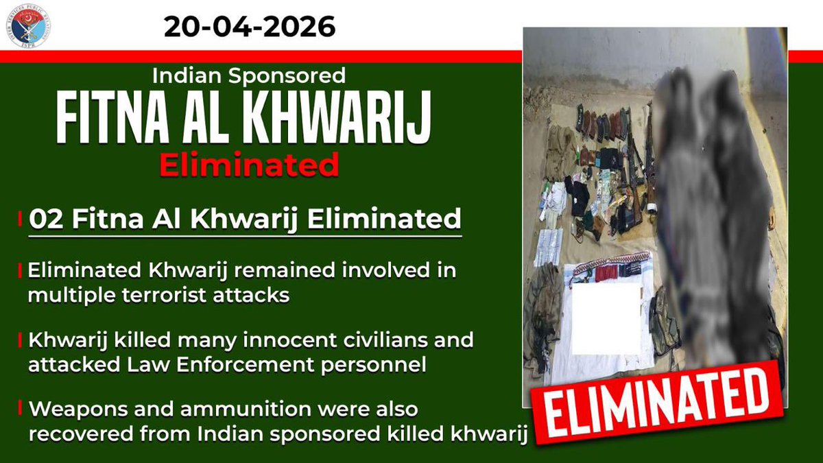 On 19 April 2026, an intelligence based operation was conducted by Security Forces in Bannu District on reported presence of khwarij. 

During conduct of the operation, after intense exchange of fire, two khwarij, belonging to Indian sponsored Fitna-al-Khwarij, including Kharji