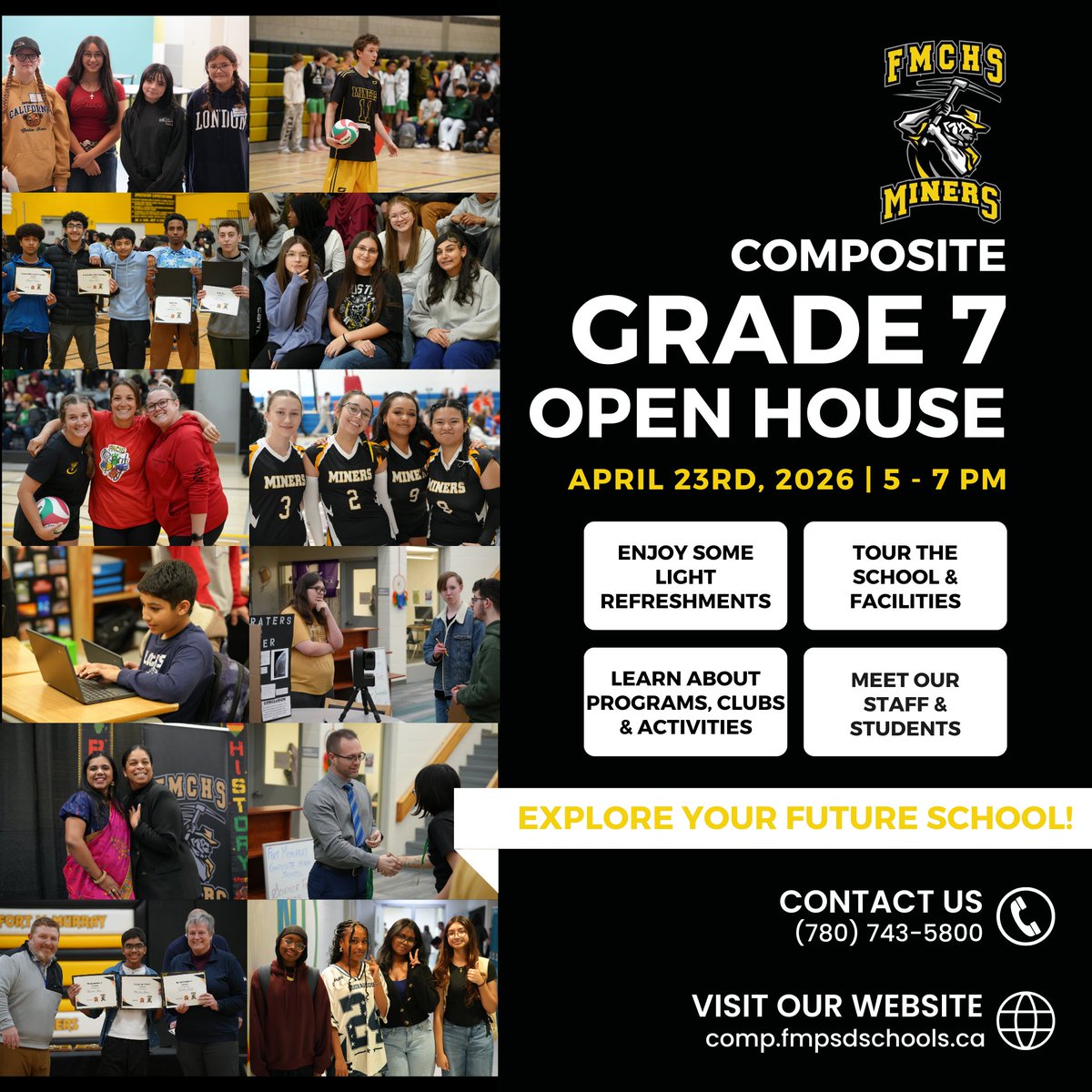 FMPSD's tweet image. Mark your calendars!

@EcoleMcTavish, @CompMinerTweets, &amp;amp; @WWhighschool are hosting Open Houses on April 23 from 5:00 PM - 7:00 PM.

Come meet our amazing staff, explore programming options, &amp;amp; tour our dynamic learning environments.

@annaleeskinner
#FMPSD #YMM #RMWB