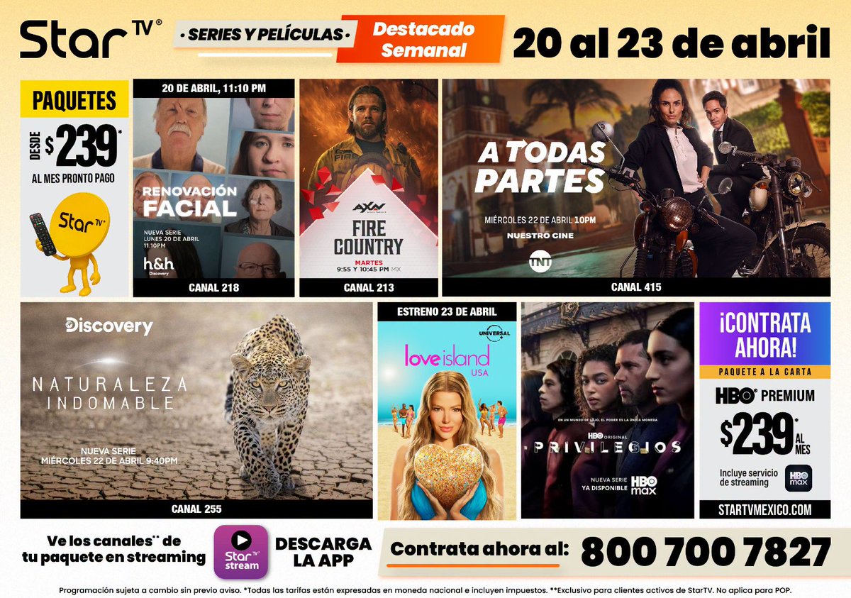 StarTVMx's tweet image. ¡No te quedes fuera de lo mejor de la semana! 🎬💛📺
Contrata #StarTV y vive cada estreno. 
🌐💛➡startvmexico.com/contrata-hoy-s…