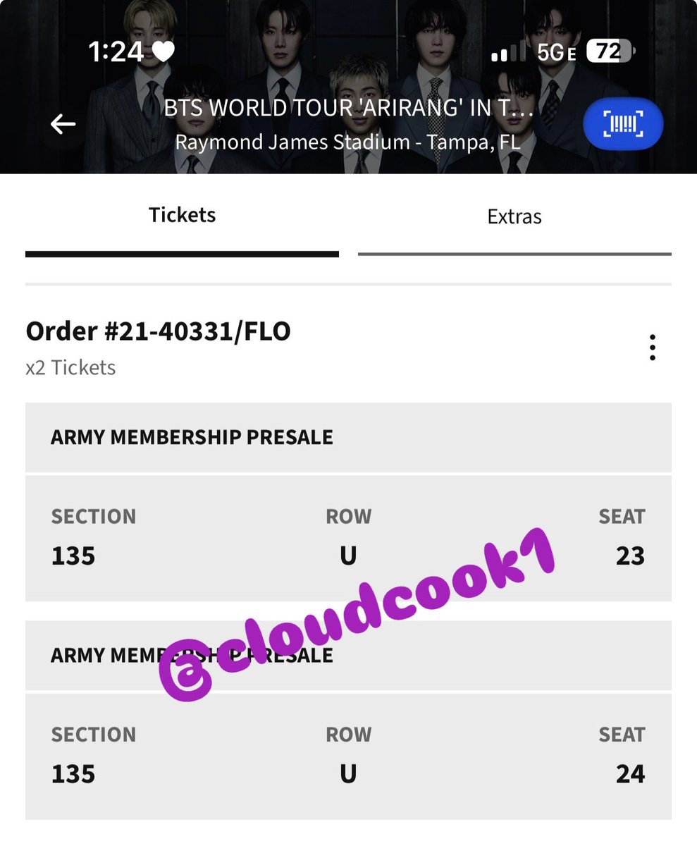 cloudkook1's tweet photo. WTS BTS ARIRANG TOUR 💜
Tampa (Raymond James Stadium)

‼️BELOW FACE VALUE ‼️
Have:
2 - Sec 135 Row U Seat 23-24 (April 28) AISLE

Want: $500 each  

Will provide proof… DM me!
@875tickets #875ticketsale https://t.co/oiGMAxYuKh