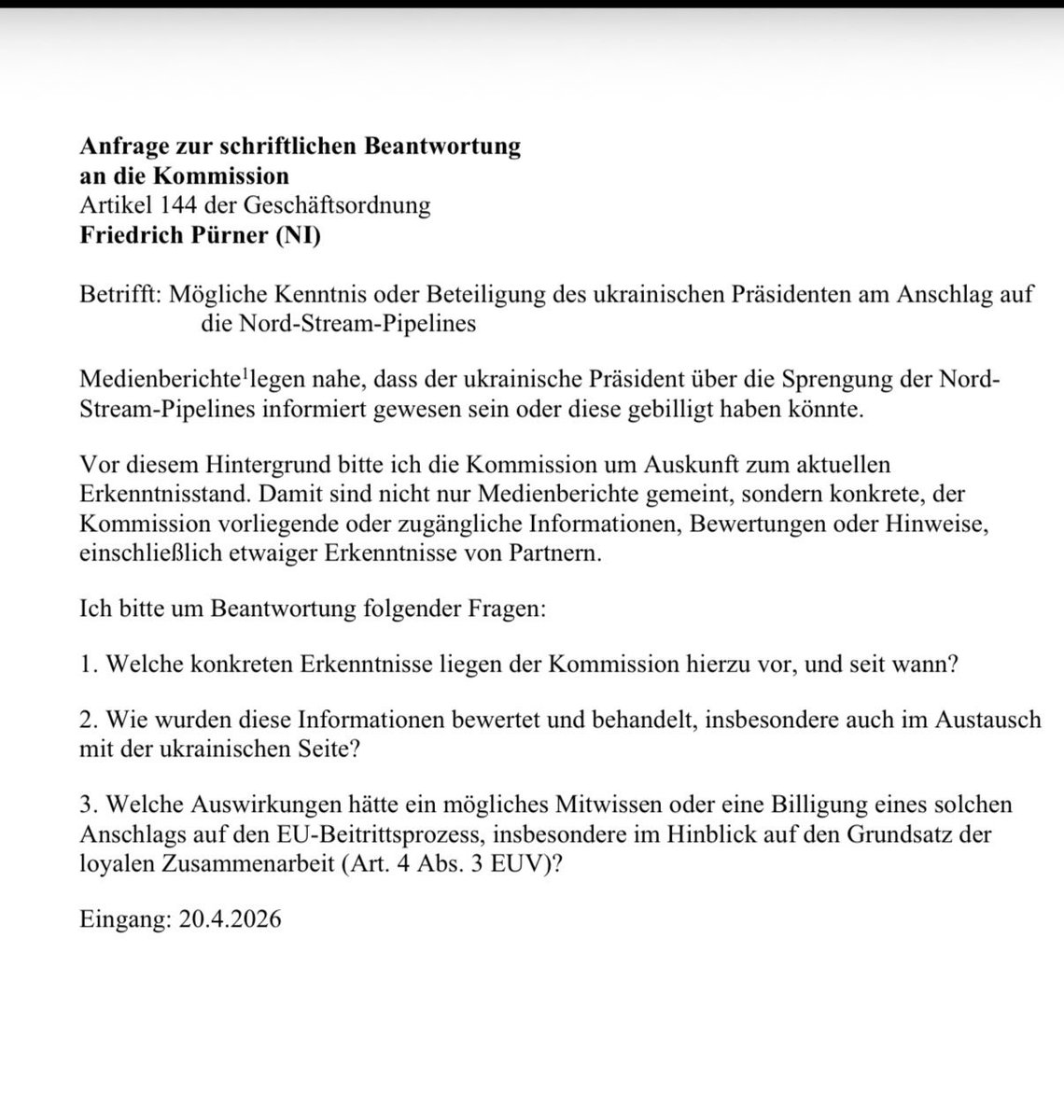 Was ist an den Vorwürfen gegen Selenskyj dran? Wusste er Bescheid? Wusste die EU-Kommission Bescheid? Wenn ja, in welchem Umfang? Und welche Konsequenzen hätte das? Das möchte ich von der EU-Kommission wissen.