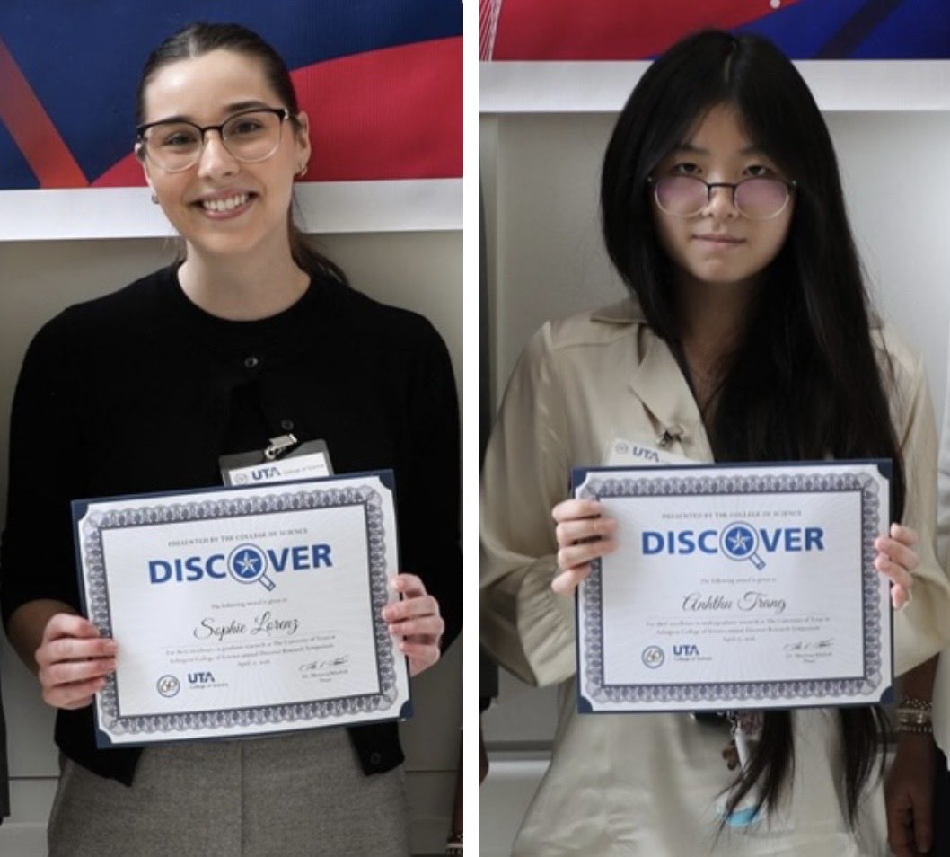 UTAPsych's tweet photo. Congrats to Sophie Lorenz, who won 1st place in the Discover Research  Symposium Graduate Showcase, and Anhthu Trang, who received an Honorable Mention as an Undergraduate Finalist! https://t.co/SEHShqBXwd