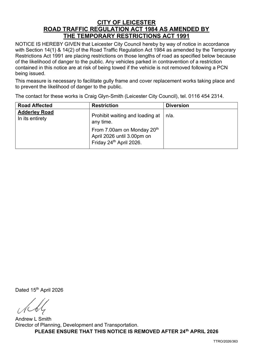 ClarryPark's tweet photo. ADDERLEY ROAD - WAITING &amp; LOADING RESTRICTIONS

Leicester City Council are prohibiting waiting &amp; loading at any time on Adderley Road from 7:00am Mon 20 Apr to 3:00pm Fri 24 Apr to facilitate gully frame &amp; cover replacement works.

#FCP https://t.co/WuUcwtKviu