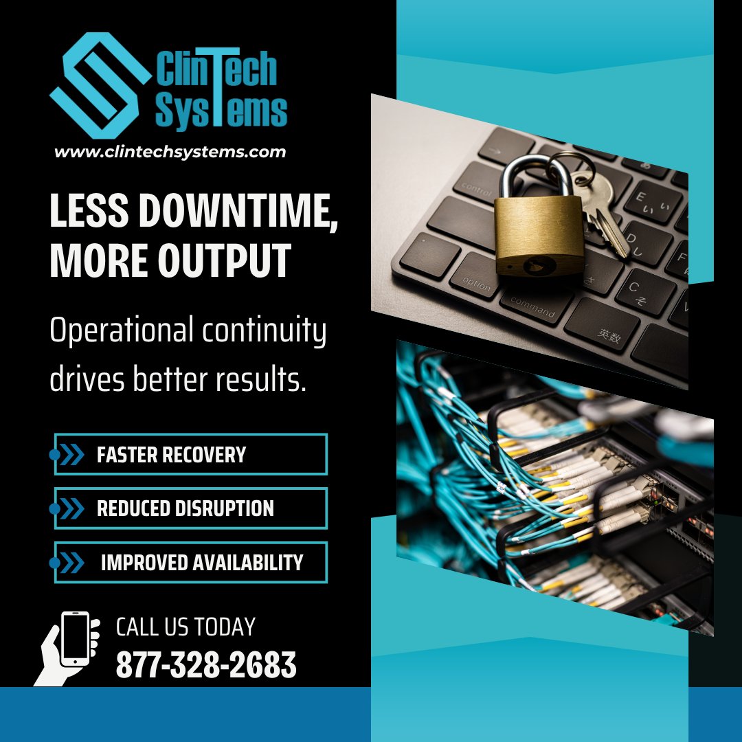 ClintechSystems's tweet image. Less Downtime, More Output

• Faster recovery from system issues
• Reduced disruption to daily workflows
• Improved overall system availability

📞 877-328-2683
✉ support@clintechsystems.com
🌐 clintechsystems.com

#ITInfrastructure #HealthcareTechnology