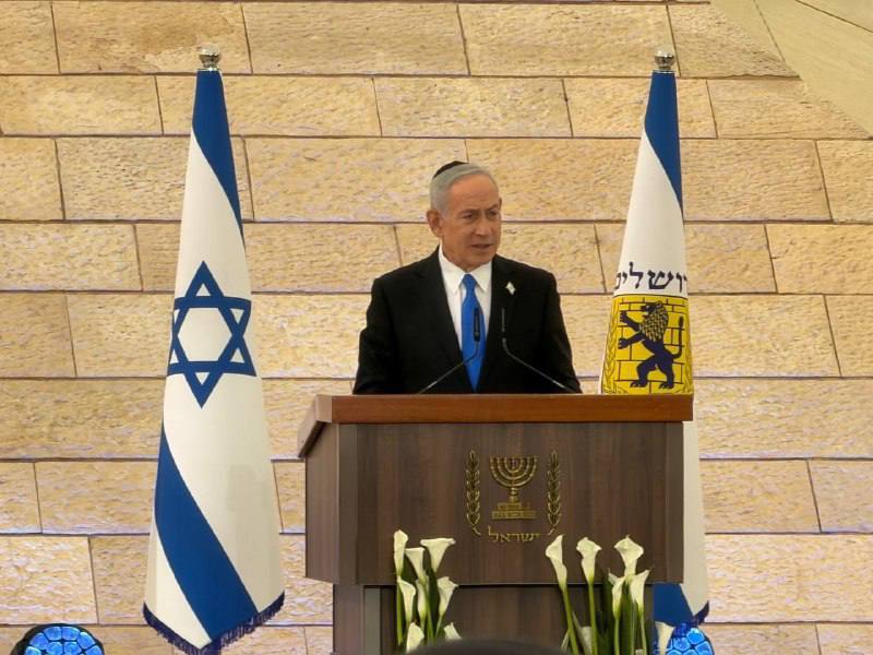 IsraelLeitner's tweet photo. Prime Minister Netanyahu at the state memorial ceremony for Israel’s fallen soldiers:

“The current generation of victory inspires immense admiration for its extraordinary achievements. Since the October 7 attack, the IDF and the security forces have delivered blow after blow to those who seek our lives. Like a lion rising, and like a lion roaring. Our pilots dominate the skies of the region as decisive proof against the Iranian axis. We have not yet finished the campaign, but we are determined to defend ourselves.”