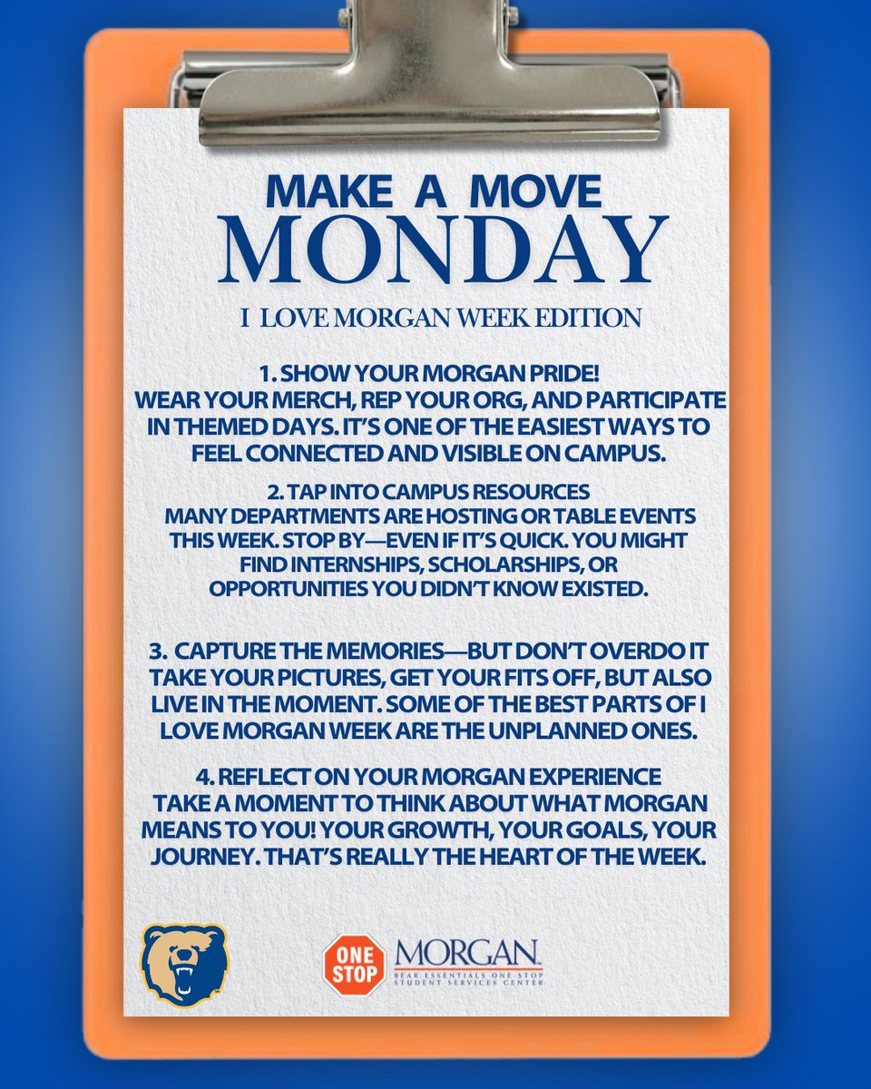 BEsocialMSU's tweet image. Happy I Love Morgan Week, Bears!

This week is bound to be filled with fun and opportunities to grow. We've listed a couple of tips to help you throughout the week. #MorganState #HBCU #OneStop