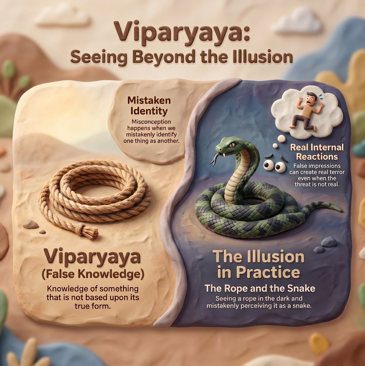 ankitgujrati27's tweet image. Patañjali’s 8th Sutra: Viparyayo mithyājñānam atadrūpa pratiṣṭham—"Misconception occurs when knowledge of something is not based upon its true form."

False knowledge happens when we mistake one thing for another, like thinking a rope is a snake.

#YogaSutras #Yoga #Mindfulness