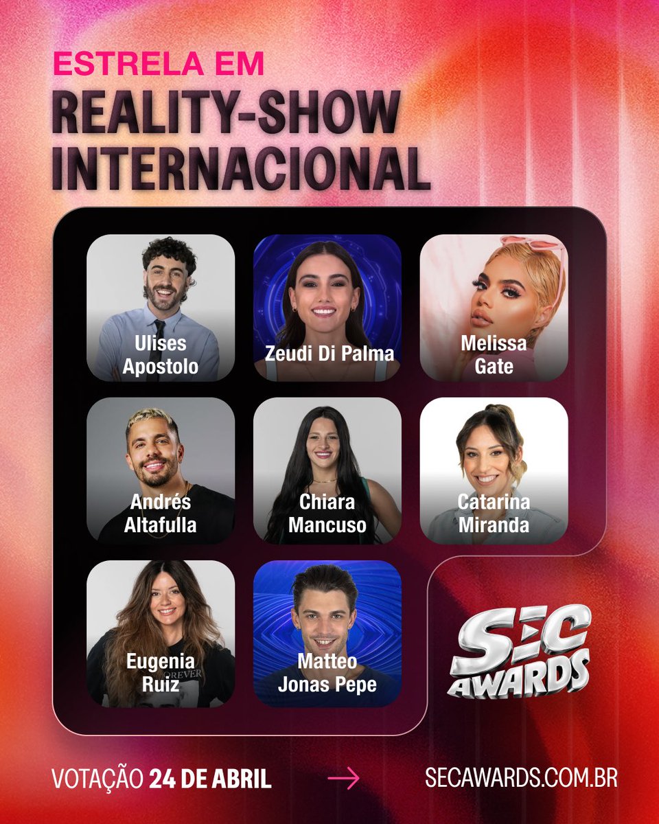 Conheça os indicados na categoria Estrela em Reality-Show Internacional no #SECAwards 2026. 🔥

A votação começa nesta sexta-feira, 24 de abril.