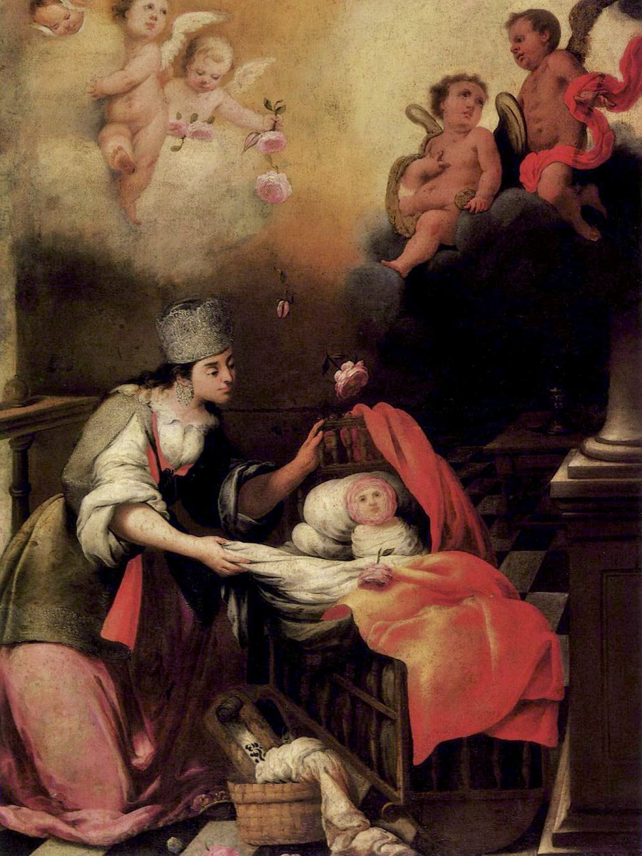 alb_giraldo's tweet photo. 📆 El 20 de abril de 1586, nació en la Ciudad de los Reyes -como se llamaba en aquel entonces la capital del Virreinato del #Perú- Santa Rosa de #Lima, terciaria dominica y mística religiosa que se convertiría en la primera entre las personas nacidas en #América en recibir el reconocimiento canónico de santidad de la Iglesia Católica.
De nombre secular Isabel Flores de Oliva, fue la cuarta de los doce hijos del matrimonio formado por Gaspar Flores, arcabucero natural de Baños de Montemayor, provincia de Cáceres, España, y de María de Oliva y Herrera, hilandera y costurera, natural de Huánuco.
A los 13 años de edad, recibió el sacramento de la confirmación de manos del arzobispo de Lima, Santo Toribio de Mogrovejo. En ese momento cambió su nombre por el de Rosa, como la llamaba su madre desde pequeña porque su rostro se ponía rosado y tierno. Este es el origen de uno de los episodios de la biografía de la santa limeña más conocidos y representados en el arte: el milagro de la cuna.
Se cuenta que a los tres meses de su nacimiento, mientras dormía en la cuna, vio el ama que la cuidaba que se había trasformado el rostro del bebé en una rosa. Dio voces llamado y acudieron los de la casa con gran admiración. Una rosa aureolaba su pequeña cabeza. La madre le dijo: “de aquí en adelante tú serás mi rosa, así te han de llamar, no ha de ser otro tu nombre”.
Además de su fama de santidad, Santa Rosa de Lima también poseía gran belleza física, que era un reflejo de la espiritual. Esto llegó a oídos del papa Clemente X durante su proceso de canonización, lo que le hizo exclamar escéptico: “Limeña, bonita y santa, ni aunque llovieran rosas”, y enseguida pétalos de rosas cayeron sobre su escritorio. Dicha belleza fue corroborada recientemente mediante el análisis efectuado al cráneo de la virgen limeña por especialistas forenses de Brasil y del Perú, concluyendo que era de rasgos suaves, ovalado rostro, frente despejada, ojos negros, grandes y redondos, boca pequeña y barbilla abultada.
🖼️ Milagro en la cuna de Santa Rosa de Lima. Obra atribuida al pintor renancentista de origen italiano, afincado en Lima, Angelino Medoro, siglo XVII.