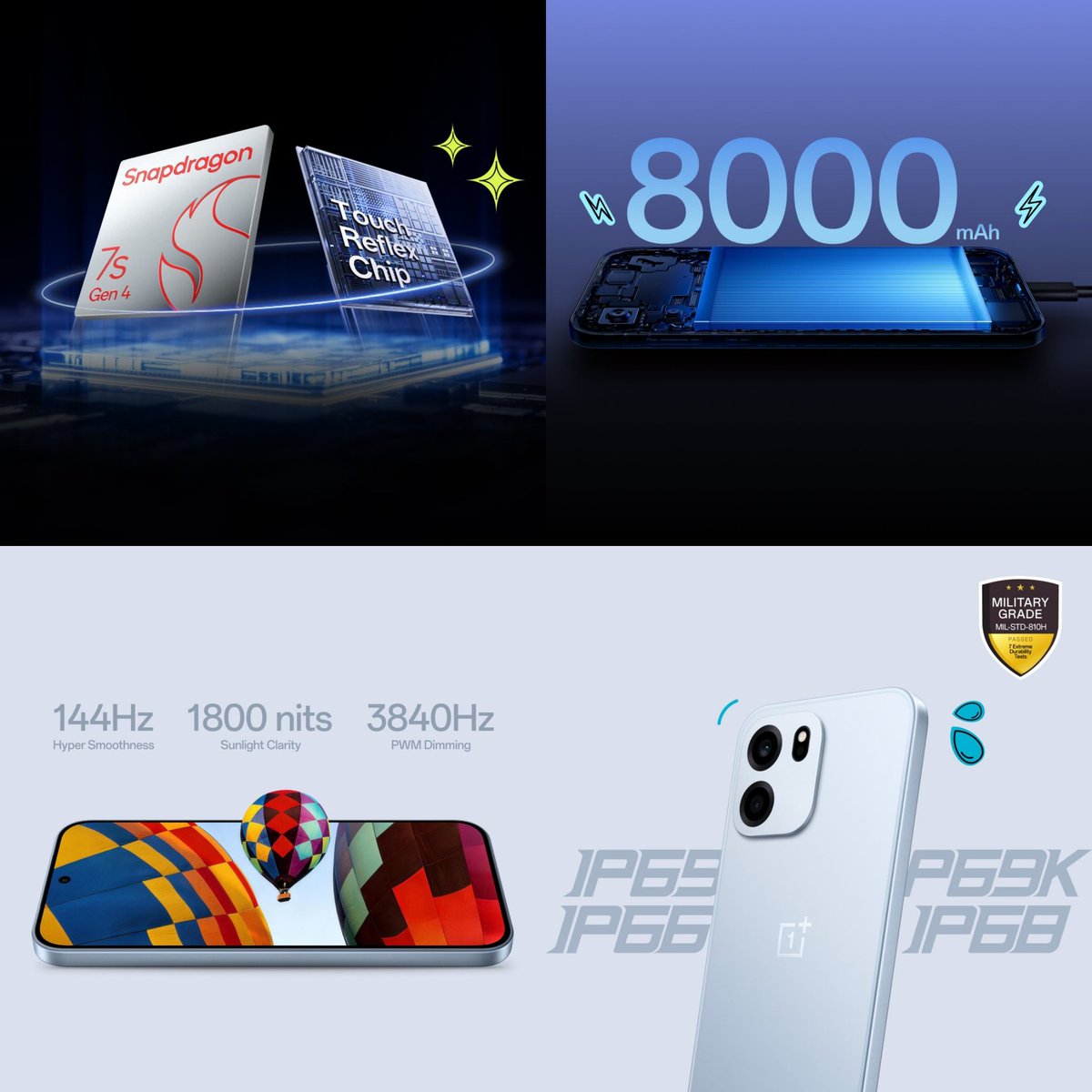 kkunalkhan's tweet image. OnePlus Nord CE 6 
▫️ 1.5K 144Hz LTPS AMOLED Flat Screen
▫️ 1800nits HBM
▫️ 3840Hz PWM Dimming
▫️ Snapdragon 7sGen4
▫️ Touch Reflex Chip 
▫️ 8000mAh🔋
▫️ IP69K/69/68/66

OnePlus Nord CE 6 Lite 
▫️6.72" 144Hz LCD Display
▫️ Dimensity 7400 Apex
▫️ 7000mAh🔋
#OnePlus #OnePlusNordCE6