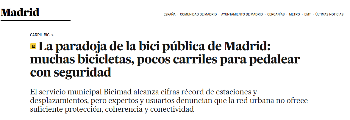 El uso de <a href="/bicimad/">bicimad</a> cuestiona la "necesidad" del carril bici para usar la bici. Que este mas feminizado el VMP que la bici o que en muchas ciudades haya muchos mas patinetes que bicis a pesar de la regulación contra el patinete también lo hace. Igual el camino esta por escribir.