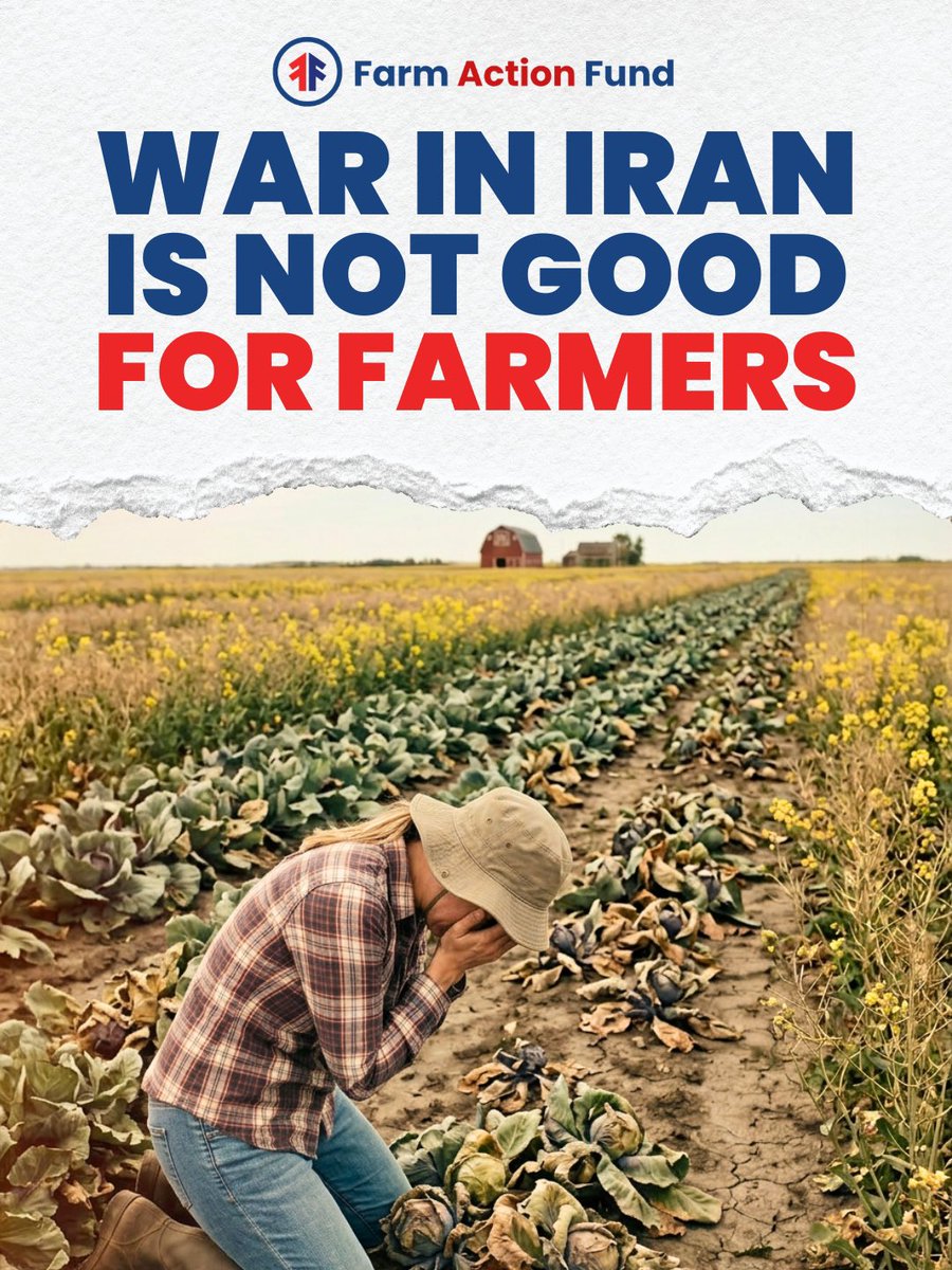 FarmActionFund's tweet photo. This War in Iran is not good for farmers, consumers or the American people. 

At a time when cash strapped farmers are planting corn, cotton, soybeans and vegetables, the cost of diesel fuel and fertilizer is skyrocketing. 

Some may decide not to plant at all

This will lead to more financial pain for farmers, higher food prices this fall, higher inflation, compounding the affordability crisis. 

Congress can provide relief. It’s time for them to get to work providing our farmers some help so they can do what they do best- put food on our tables.