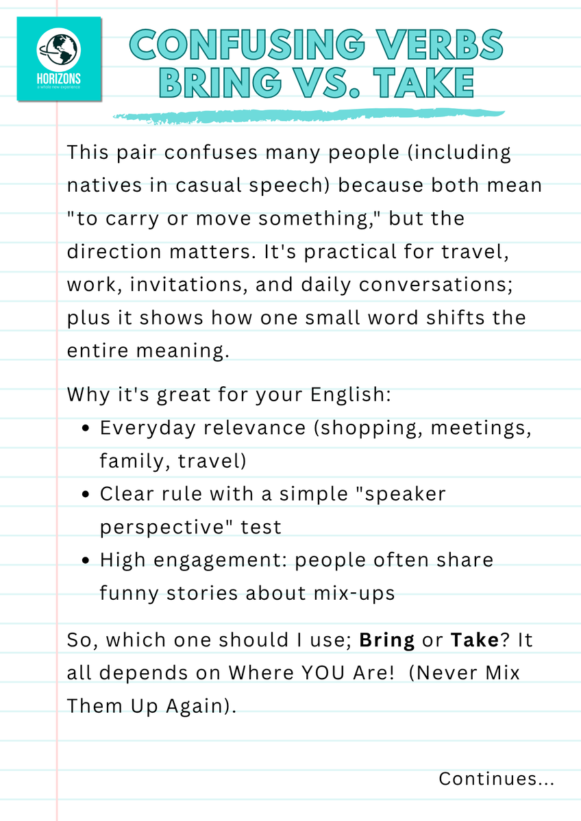 Horizonspte's tweet image. Monday: #Grammar Many words in #English have multiple uses or meanings. Should I use Bring or Take? Check it out. Any doubts? Just ask! Please follow and share! Now practice. Write your own sentences in the comments, and I will correct you if necessary. #Horizonspte #Verbs