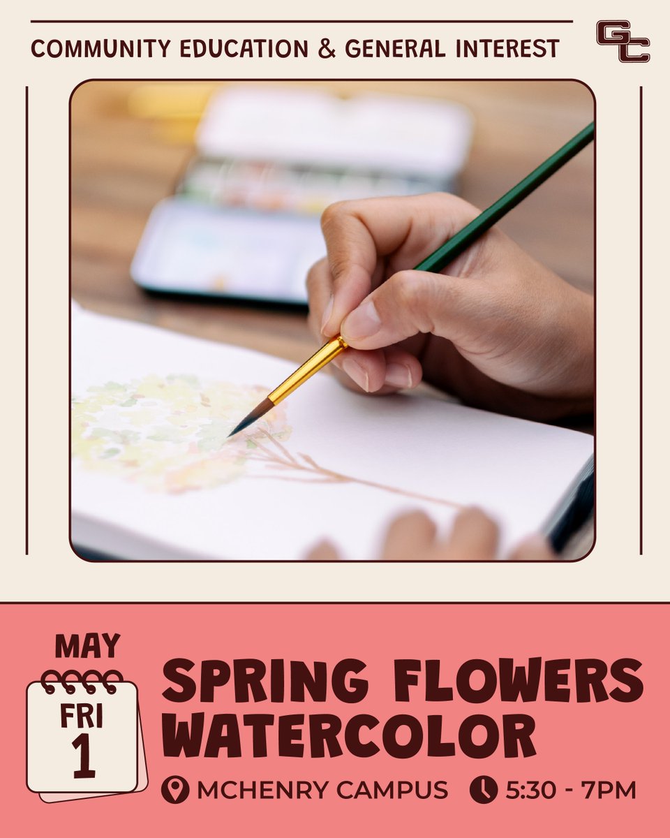 GC_CEWD's tweet image. 🌸 Watercolor Flowers – May 1, 5:30–7
Paint a floral piece! All supplies included 🎨
Register: bit.ly/4vHHBes

#ContinuingEducation #GarrettCollege #Watercolor #SpringClasses #CreativeCommunity