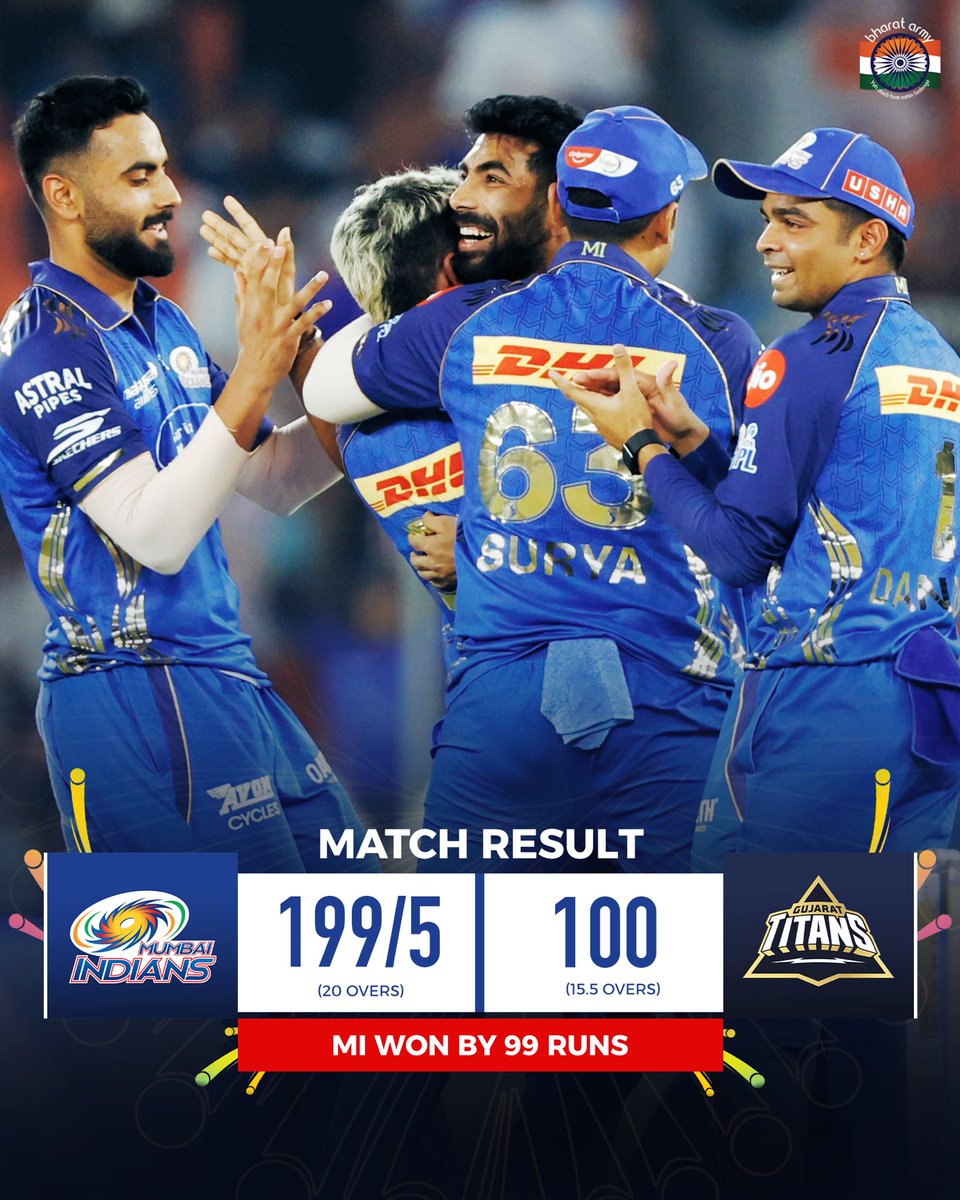 thebharatarmy's tweet image. Mumbai Indians beat Gujarat Titans by 99 runs in Ahmedabad
👊🔥

📷-BCCI

#teamindia #gtvsmi #bharatarmy #coti🇮🇳 #ipl2026