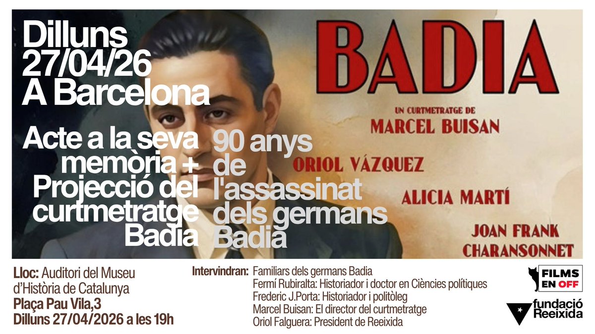 🗓️Dilluns2⃣7⃣d'abril serem a l'auditori del <a href="/mhistoriacat/">Museu d'Història</a>,per ressituar els Germans Badia, 9⃣0⃣anys després del seu assassinat.
👉Serem el seu biògraf doctor en Ciències polítiques Fermí Rubiralta,l'historiador <a href="/fredericjporta/">Frederic J. Porta</a>, <a href="/freecatpiula/">Oriol de Mollet</a> i el director del curt <a href="/MarcelBuisan/">Marcel Buisan</a>.
