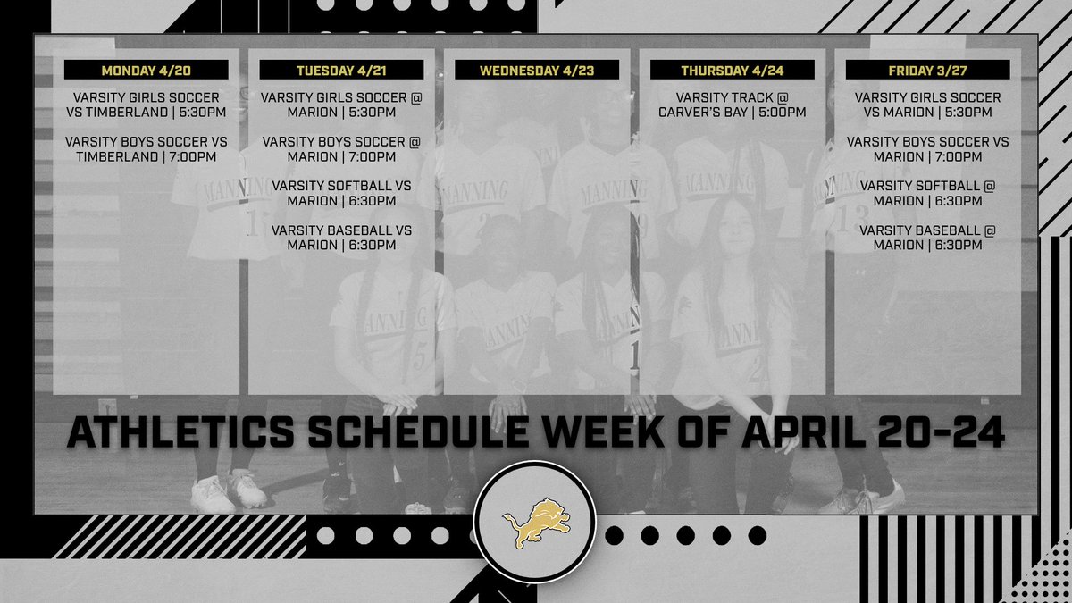 Manning_High_'s tweet photo. 🦁 UPCOMING GAMES THIS WEEK: APRIL 20-24! Don't miss the action! Come out and support your Monarchs as they compete! #MonarchPride #SomethingtoROARabout https://t.co/xN0SzQL9LL