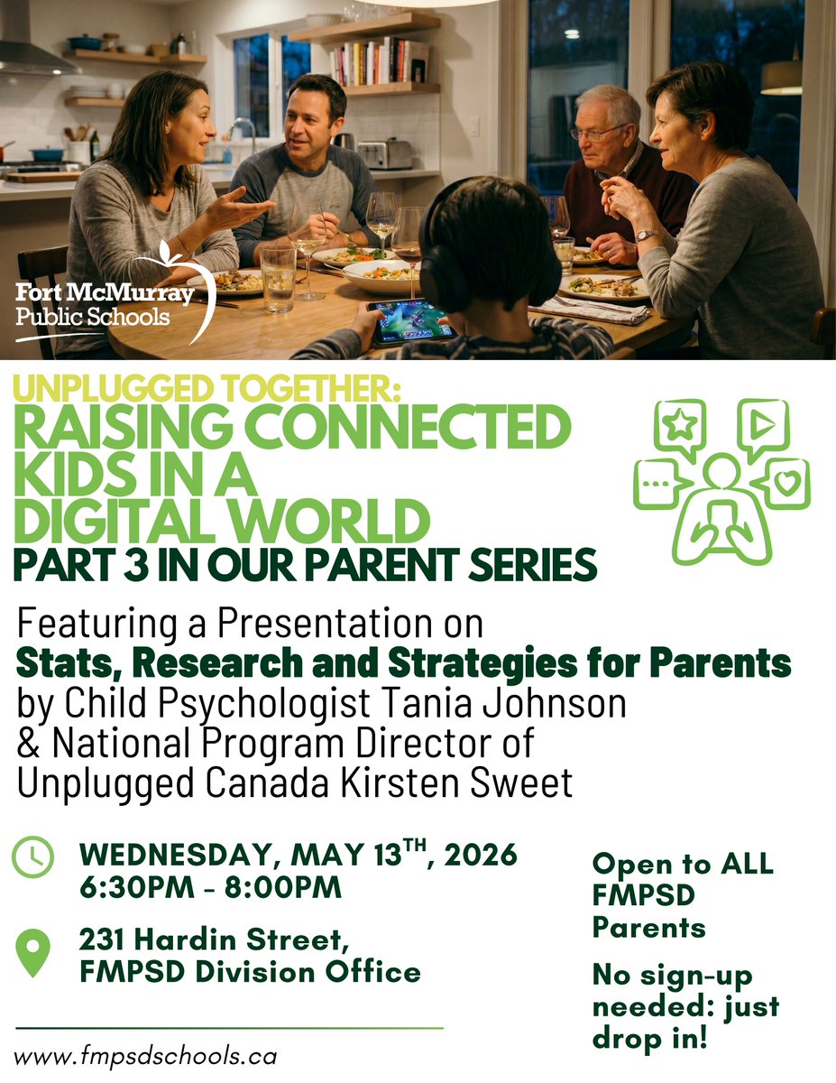 FMPSD's tweet image. Ready for Part 3 of the FMPSD Parent Series? Join us for Unplugged Together: Raising Connected Kids in a Digital World.

Featuring Child Psychologist Tania Johnson &amp;amp; Kirsten Sweet of Unplugged Canada.

Learn more: bit.ly/3QmO66f

@annaleeskinner
#FMPSD #YMM #RMWB