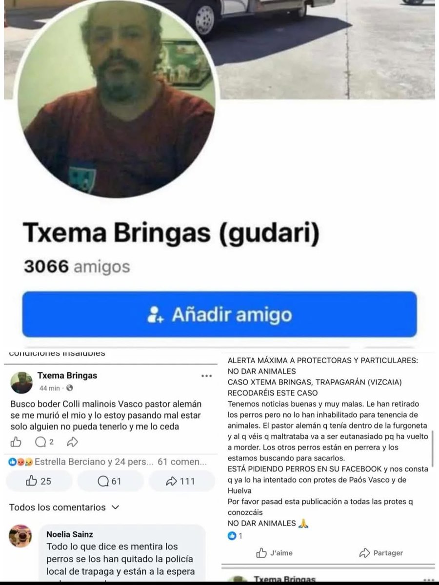 EXTREMADAMENTE GRAVE⚠️ #Bilbao el #Seprona ya le ha retirado 8 perros 5 han Muert@ el tipo pide por Facebook y todas las protectoras buscando perros es un maltratador tiene nombre número y cuentas diferentes, la gente está asustada esto es gravísimo.