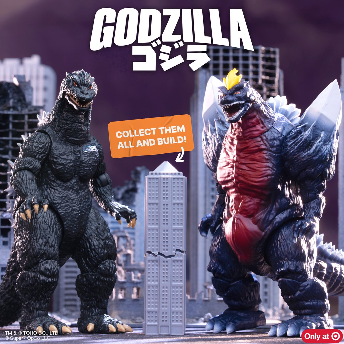 super7store's tweet image. One day, mini cities could be kaiju-proof, but what’s the fun in that? Collect Target-exclusive Super Kaiju Godzilla 2004 &amp;amp; SpaceGodzilla ‘94 figures now! They come with a damaged building accessory, poseable with previous Super Kaiju waves. Embrace kaiju chaos! #Target #Super7