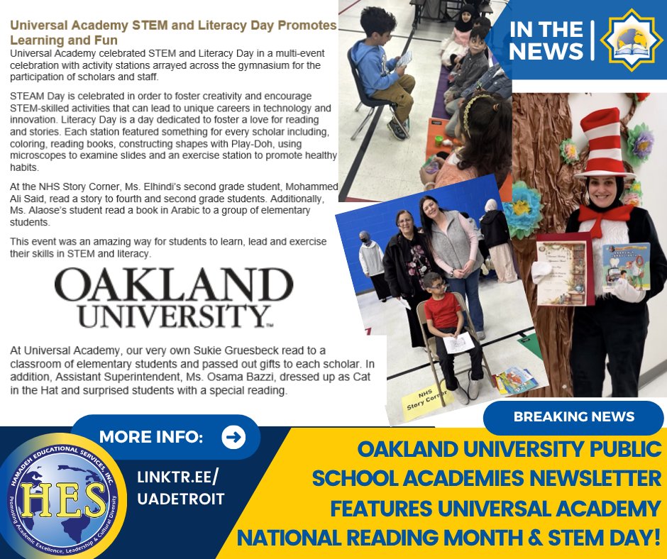 HESAcademies's tweet photo. Universal Academy Shines in STEM &amp;amp; Literacy Celebration Featured by Oakland University https://t.co/g3CSkdKUzn via @ParentSquare https://t.co/agsFLaZtX5