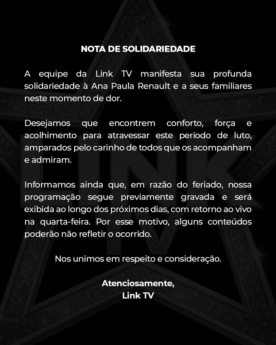 linkpodcastofc's tweet image. NOTA DE SOLIDARIEDADE À ANA PAULA RENAULT E SEUS FAMILIARES.

#BBB #LinkTV