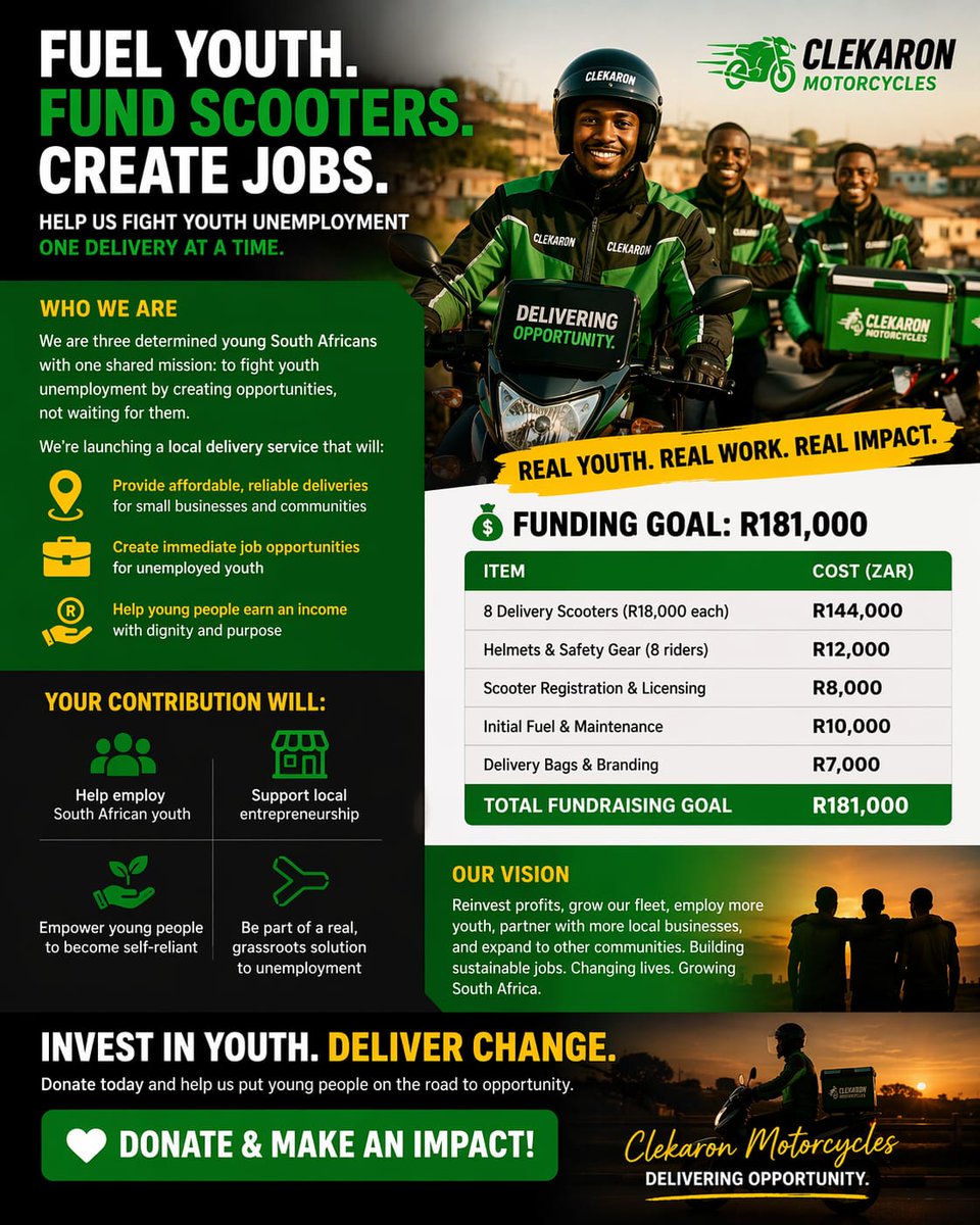 SebatiClement's tweet image. Too many SA youth want work but can’t find the chance. So we’re making one.  
backabuddy.co.za/campaign/fuel-…
Real youth. Real work. Real impact. 🇿🇦  #Createjobs 
#YouthEmployment #SouthAfrica
