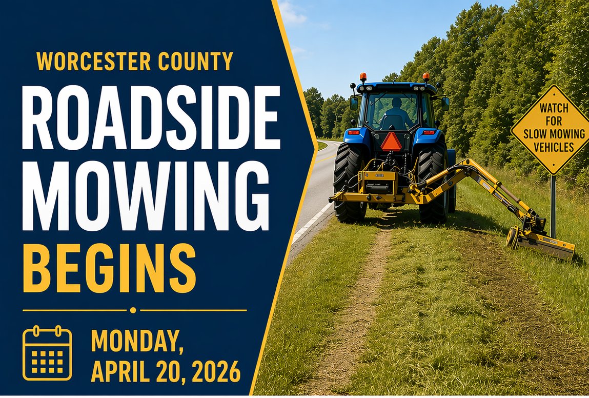 WorcesterCounty's tweet photo. Public Works – Roads Division began its annual roadside mowing operations today, Monday, April 20, 2026.

This work plays an important role in maintaining clear sightlines for drivers and improving safety along County roadways. As crews are out in the field, motorists are asked to stay alert and use caution around slow-moving mowing equipment.

Residents are also reminded to remove any signs placed within the County right-of-way, including political or “snipe” signs. Any remaining signage in these areas will be removed and discarded by County staff.

Questions? Contact the Roads Division at 410-632-2244.

Thank you for helping us keep Worcester County’s roads safe!
