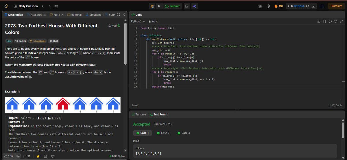KosarBibi639's tweet image. DAY 110
Problem: LeetCode 2078 (Easy) Max distance between houses with different colors. Optimal pair always includes first or last house. Check from leftmost and rightmost. O(n) time, O(1) space.
 #LeetCode #Greedy #Coding