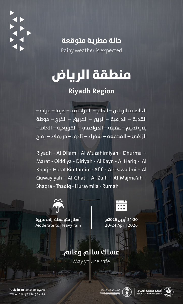 جعلها الله أمطار خير وبركة،
وعمّ بنفعها أرجاء البلاد 🌧️

بحسب التقارير الواردة من @ncmksa
تشهد منطقة الرياض وعدد من محافظاتها،
حالة مطرية متوقعة بمستوى متوسطٍ إلى
غزير من 20-24 إبريل 2026م.

نأمل من الجميع اتباع إرشادات السلامة،
وأخذ الحيطة والحذر أثناء التنقل.