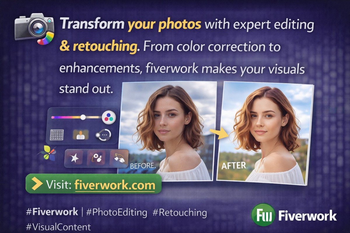 fiverwork5's tweet image. 📸 Transform your photos with expert editing &amp;amp; retouching. From color correction to enhancements, fiverwork makes your visuals stand out.

👉 Visit: fiverwork.com

#Fiverwork #PhotoEditing #Retouching #VisualContent