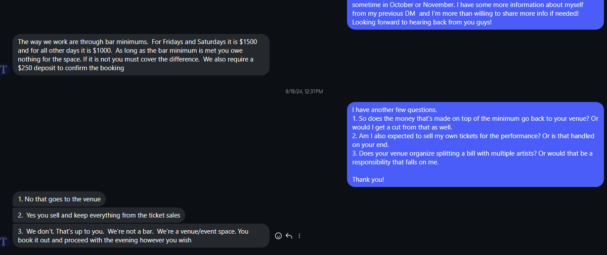 PeacockPerson's tweet photo. @d_boeckner There are probably many different venues that use this absurd business model, but I know for sure that Tapestry does this. This was a baffling interaction and I've known artist friends who have lost an absurd amount of money because the policy was explained poorly. https://t.co/wTm47L6v3v