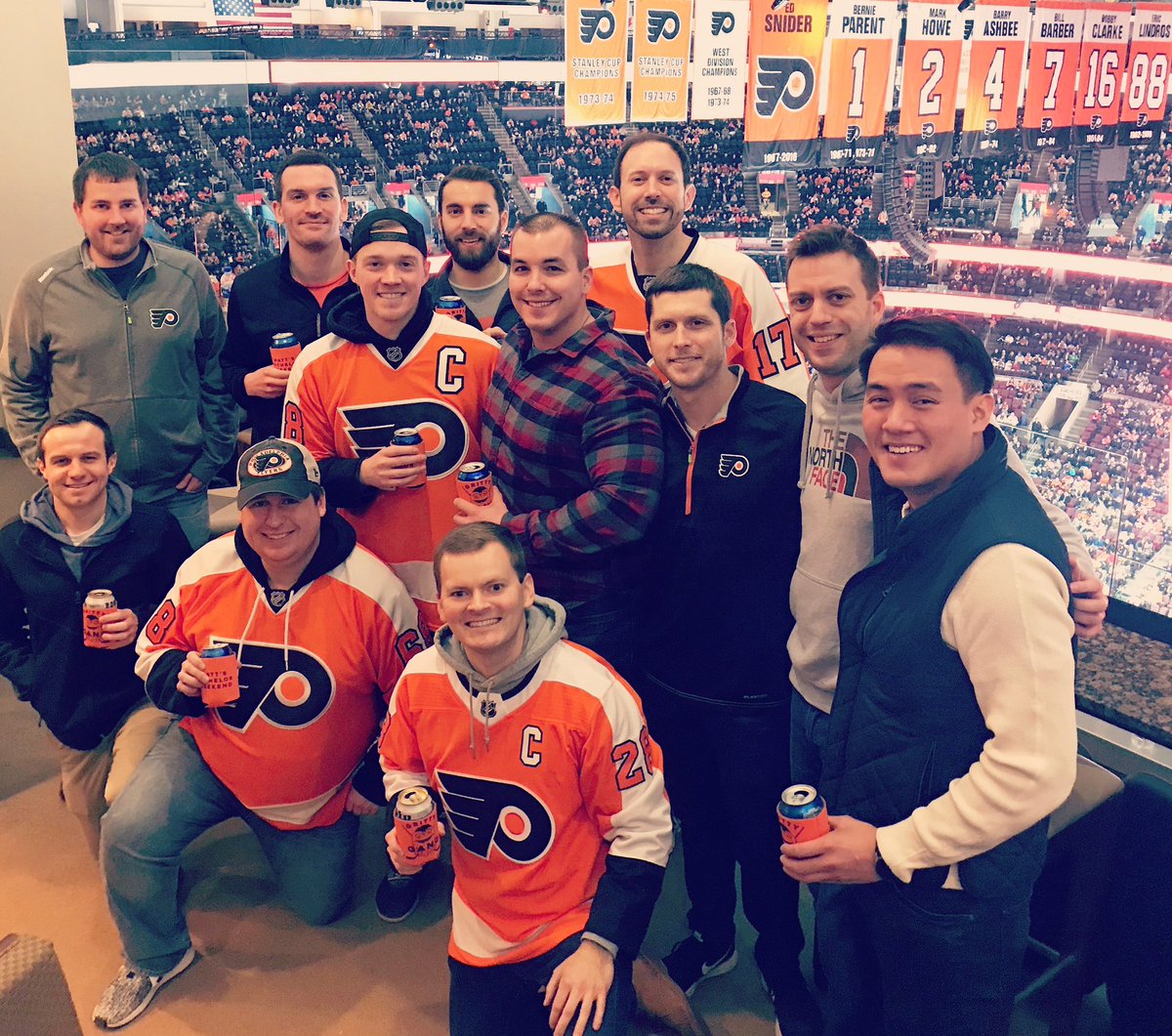 sank07's tweet photo. @FlyersAlumni @NHLFlyers Date night and Bachelor Party. Let’s Go Flyers! https://t.co/X6NONFaOrp
