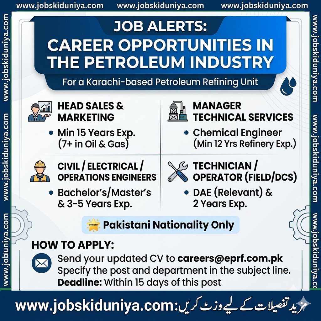 jobskdunya's tweet image. نئی ملازمتوں کا اعلان! 🚀

آسامیاں: ہیڈ سیلز، مینیجر، سول/الیکٹریکل/آپریشنز انجینئرز، میڈیکل آفیسر، ٹیکنیشنز اور آپریٹر۔

For Online Apply:  jobskiduniya.com/petroleum-refi…

#JobsInKarachi #PetroleumIndustry #CareerOpportunities #EngineeringJobs #HiringNow #Jobskiduniya