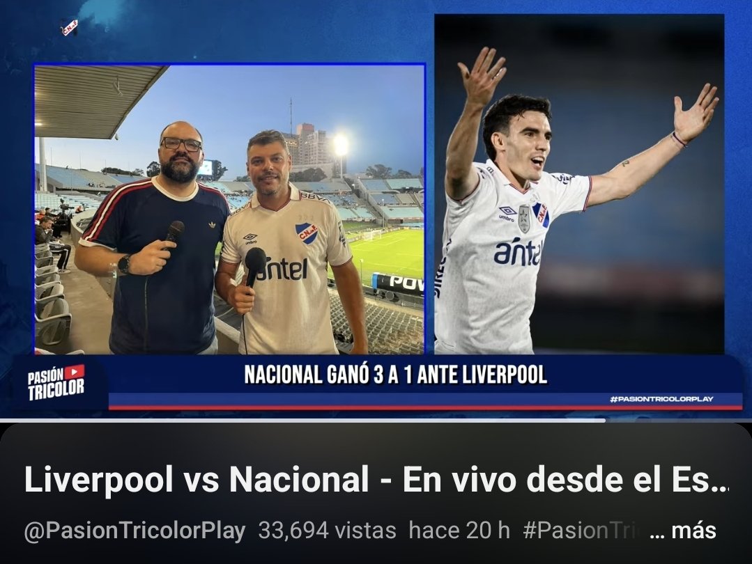 PASIÓN TRICOLOR N° 1 🇺🇾 ⬆️33k #PasiónTricolorPlay 📲

Como pasa partido a partido, PASIÓN TRICOLOR la transmisión ➕️ escuchada cuando juega NACIONAL.

2° Universal 970 20k
3° 890 9k
4to Carve Deportiva 7k
5to Espectador 4k

#LaRadioDelHincha 🔵⚪️🔴
youtube.com/live/zxbQyvGap…