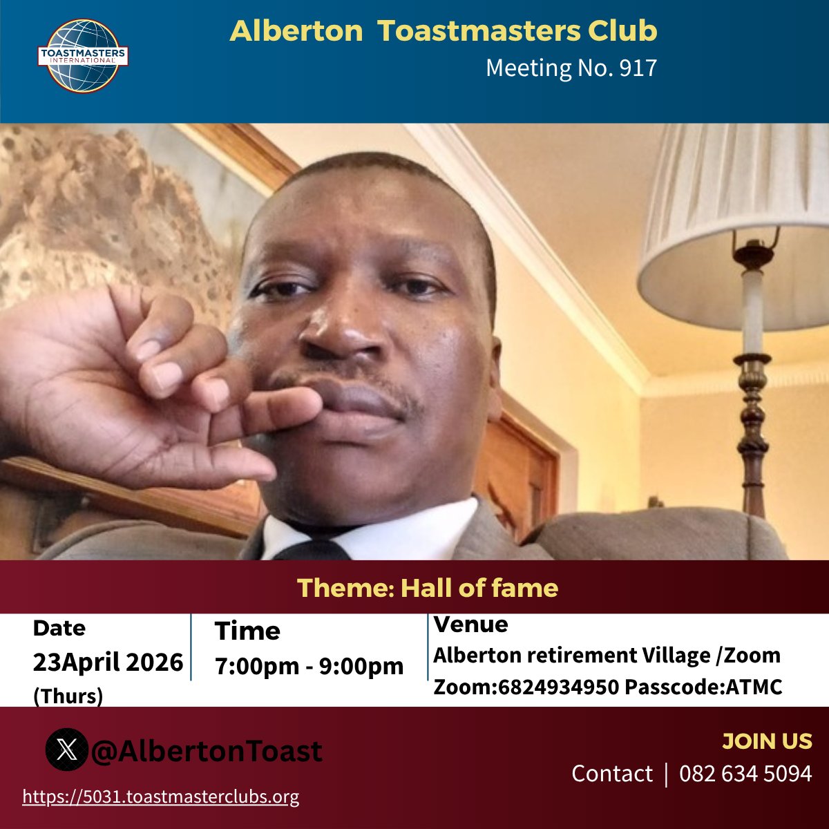 AlbertonToast's tweet photo. 🗣️ Want to boost your confidence, speaking skills, or leadership potential?

Join us at Our  next Toastmasters meeting. 
📅 23 March 2026
🕒 7-9PM
📍 Alberton retirement Village 
Guests welcome. No experience needed.
Just bring your curiosity and a smile 😁 #Alberton #thokoza https://t.co/7hmgFAzcL2