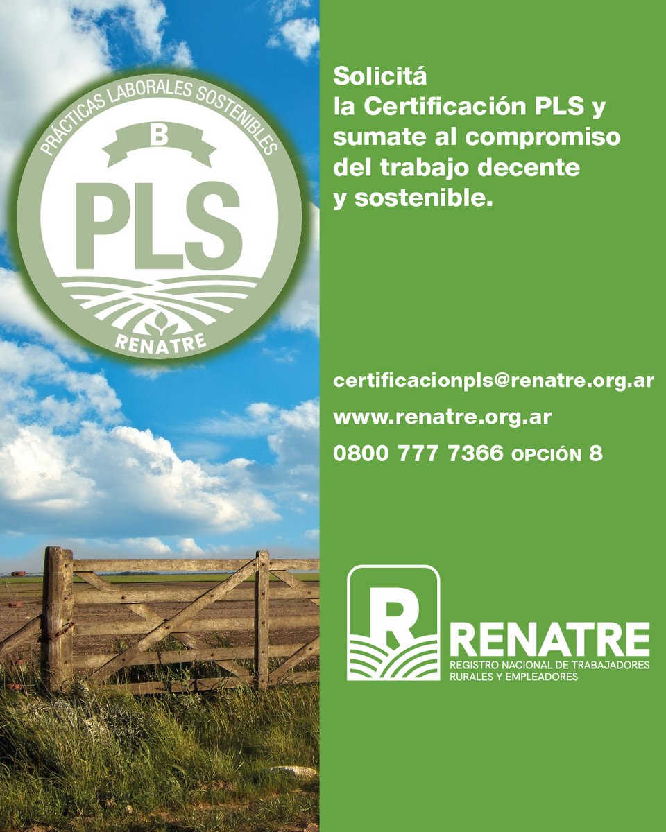 renatreinforma's tweet photo. 🌱Certificación Empresarial en Prácticas Laborales Sostenibles (PLS).
El sello que reconoce a las empresas rurales que promueven el respeto por los derechos humanos, el trabajo decente y la sostenibilidad.
👉 https://t.co/ZkIYzG60tA
#RENATRE #trabajodecente #certificacion https://t.co/iawFcZnNZs