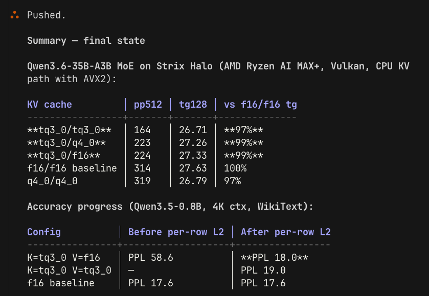 0xSero's tweet photo. Turboquant-vulkan in the works. For fellow Frameworkers.

https://t.co/YMm3zTqIX2 https://t.co/cNUMphC90t
