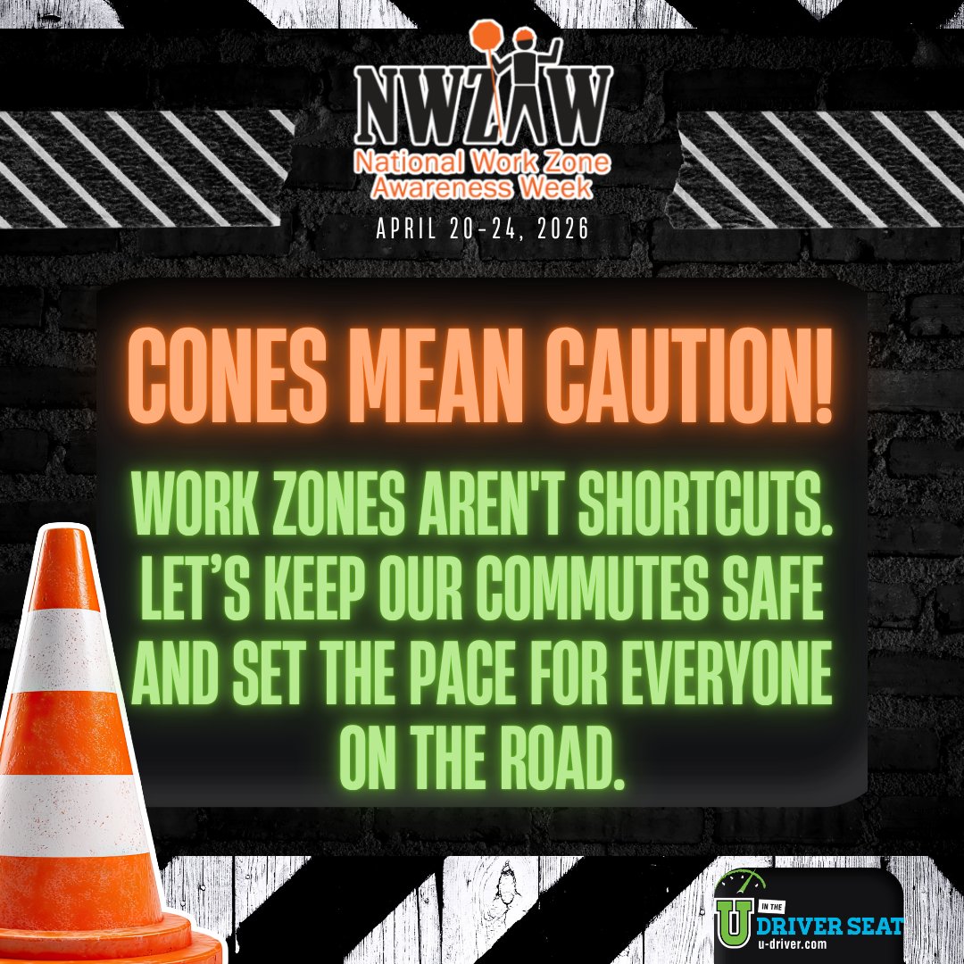 UDriverSeat's tweet image. 🚧 Work Zone Awareness Week
📅 April 20–24, 2026

On the way to class or work—slow down and stay alert.

💥 Next work zone = no distractions, no rushing.

Learn more: bit.ly/368vVui

#DriveLikeATexan 💚 #SafeDriving #NWZAW