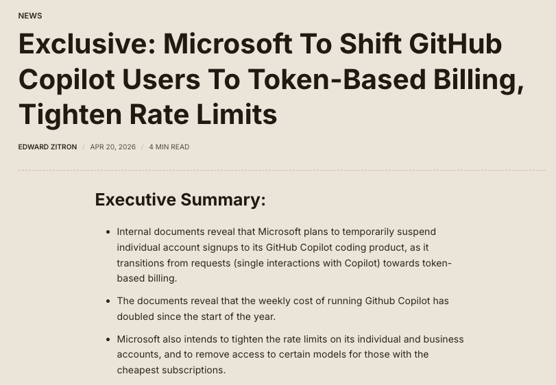 Article executive summary showing Microsoft plans to suspend individual signups, transition to token-based billing, and tighten rate limits