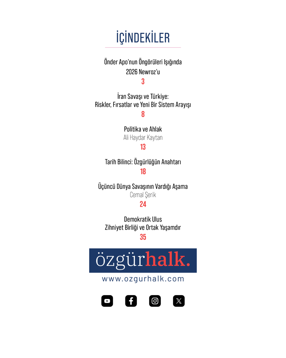 ozgurhalkdergi's tweet photo. Özgür Halk yeni sayısı "Önder Apo’nun Öngörüleri Işığında 2026 Newroz’u" kapağıyla yayında!

Yazıları 📖 okumak, 🎧 dinlemek ve dergiyi PDF ve EPUB olarak indirmek için 👉 
https://t.co/6aziix4ddK

#ÖzgürHalk https://t.co/uRAK9RSaDY