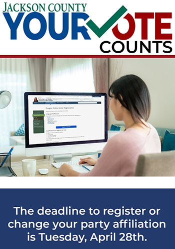 JacksonCountyOR's tweet photo. May 19 Primary Election:   The last day to register or change your party affiliation is Tuesday, April 28. https://t.co/knHzjTHkXu