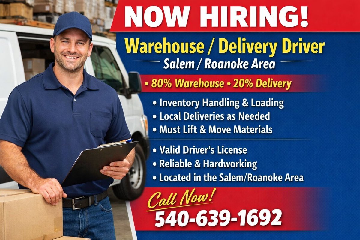 Now hiring in Salem/Roanoke! 🚚🔧 Join us as a Warehouse/Delivery Driver—80% warehouse tasks, 20% local deliveries. Interested? Call 540-639-1692 today! #Hiring #Logistics
