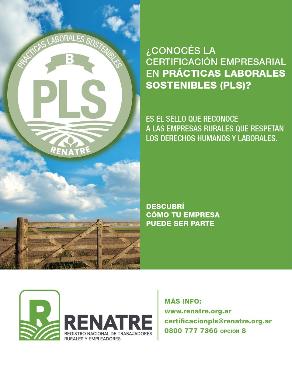 renatreinforma's tweet photo. 🌱Certificación Empresarial en Prácticas Laborales Sostenibles (PLS).
El sello que reconoce a las empresas rurales que promueven el respeto por los derechos humanos, el trabajo decente y la sostenibilidad.
👉 https://t.co/ZkIYzG60tA
#RENATRE #trabajodecente #certificacion https://t.co/iawFcZnNZs