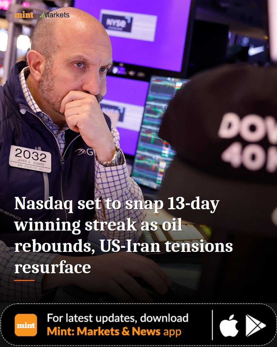 MarketsByMint's tweet image. Nasdaq's 13-day winning streak ends! US tech stocks fall as renewed US-Iran tensions drive oil prices up. Markets react to geopolitical uncertainty.

livemint.com/market/stock-m…

#Livemint #Nasdaq #TechStocks #CrudeOil #USIranTensions #MintMarkets