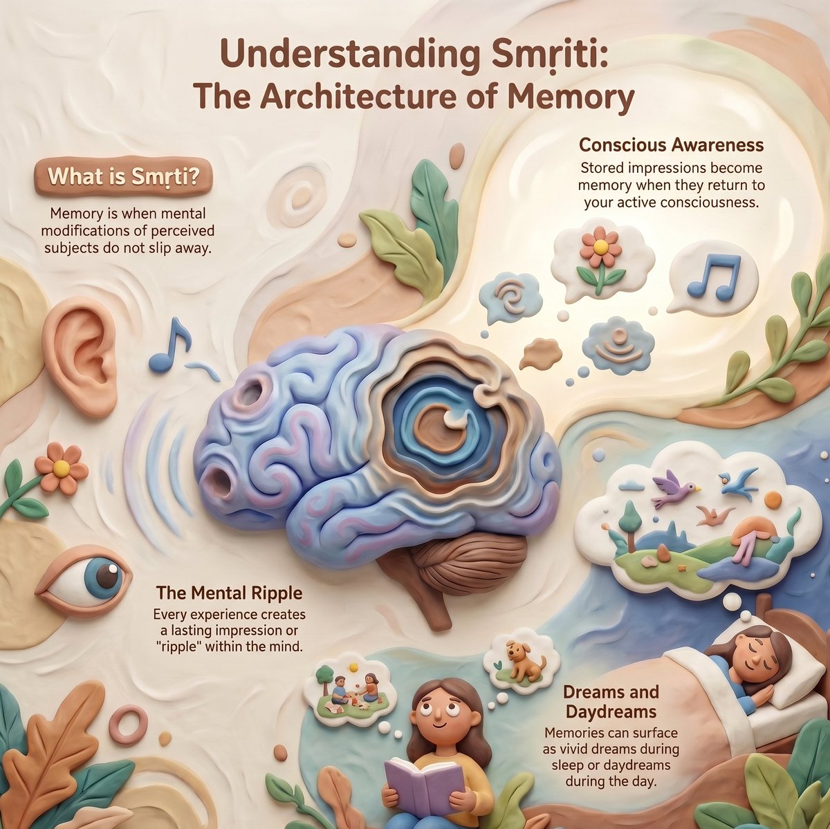 ankitgujrati27's tweet image. Patañjali’s 11th Sutra: Anubhūta viṣayāsaṁpramoṣaḥ smṛtiḥ—"Memory is when the mental modifications of perceived subjects do not slip away."

It occurs when an experience's impression stays in the mind and returns to our conscious awareness.

#YogaSutras #yoga #Mindfulness