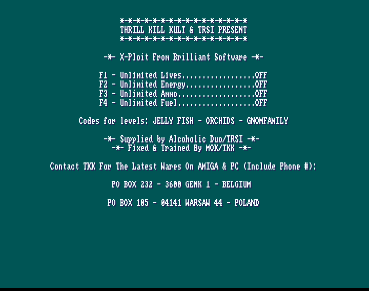 CracktroBot's tweet image. Xploit (1992) - Crack: Tristar &amp;amp; Red Sector Inc. (TRSi) - Trainer (+4): The Thrill Kill Kult (TKK) - #Amiga
Circus Charlie (1984) - Crack: WGO - #Commodore64
Twin Russian (1994) - Crack: Riff Raffs (RR) - #Commodore64
Star-Lifter (1987) - Crack: Decibels (DEC) - #Commodore64